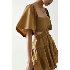 Free People Cross of Sunlight Mini Dress Brown Cutout Linen Blend Size M Boho